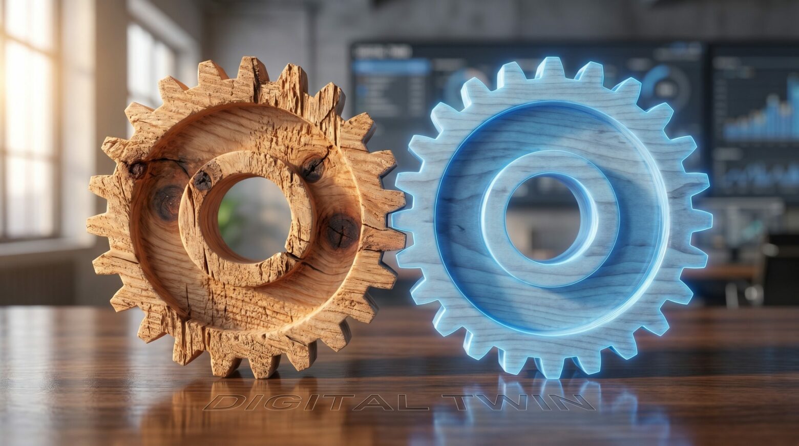 Business continuity planning concept with two interlocking gears, one wooden and one blue, on a desk in a modern office