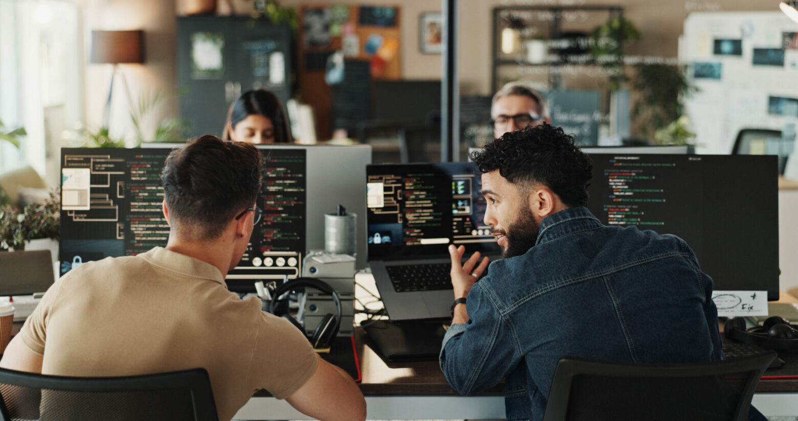 Man, developer and help with coding on computer screen in office for testing web application or troubleshooting. Programming, staff and employee with advice on developing software solution at startup
