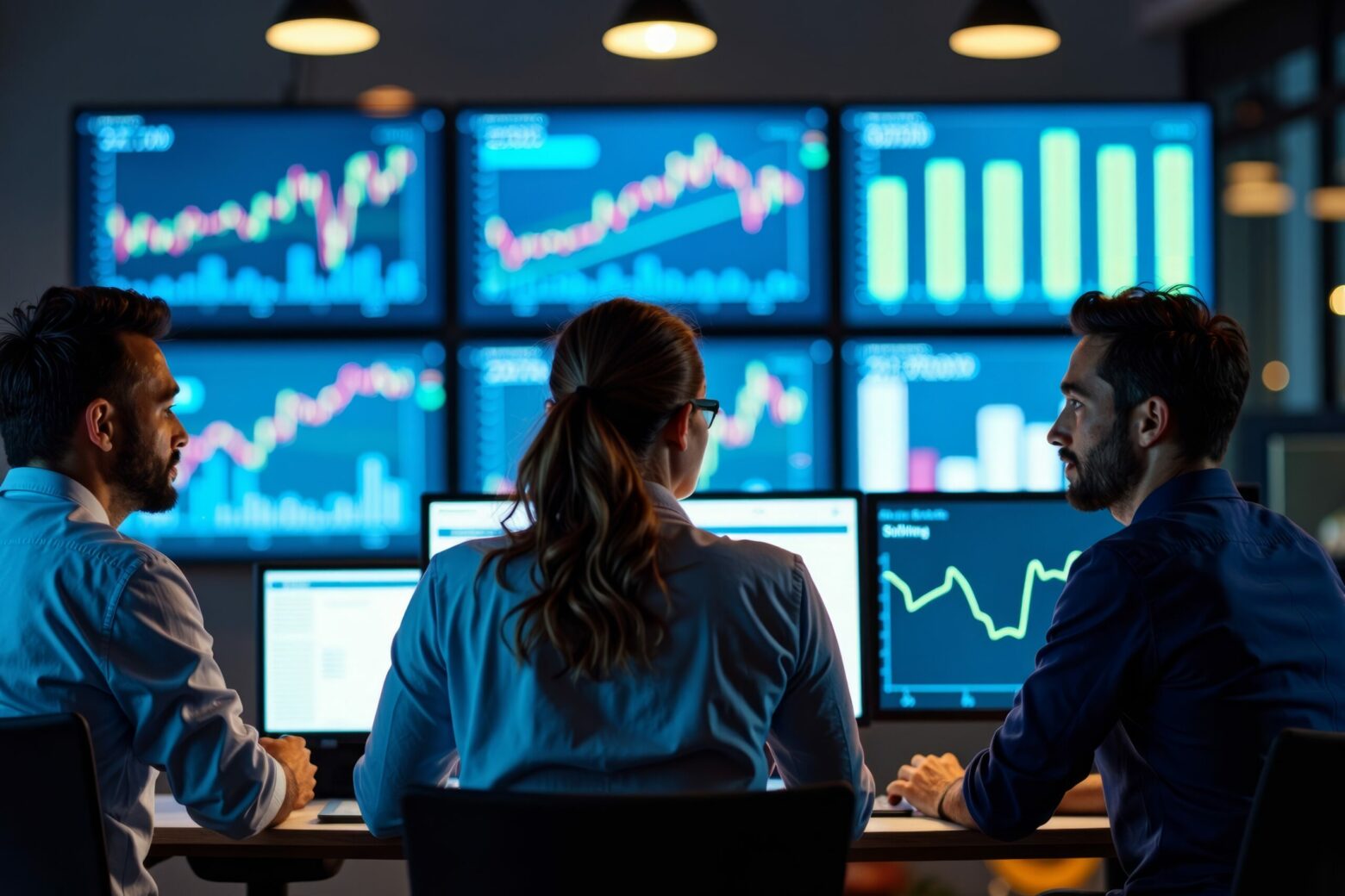 A diverse team of analysts collaborating in a technologically advanced office, surrounded by screens showing intricate financial trends and predictive graphs.