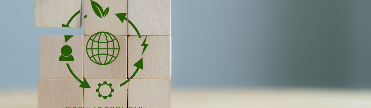 Circular economy concept, recycle, environment, reuse, manufacturing, waste, consumer, resource. Sustainable development. Hand put wooden cubes; the symbols of circular economy on grey background.